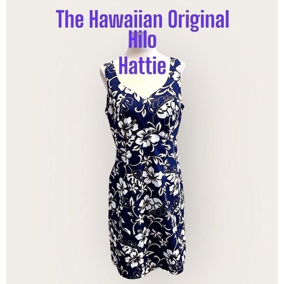 Hilo Hattie Vintage Hibiscus Floral Maxi Dress Size 10 Navy & White Hawaiian - Picture 1 of 8